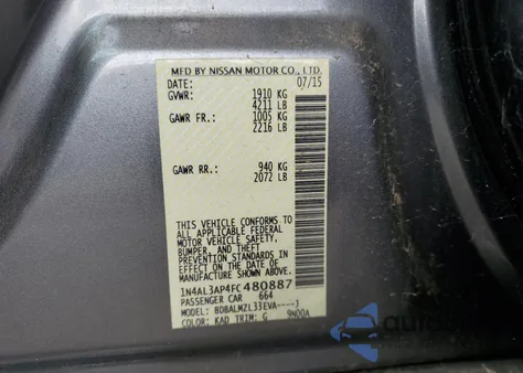 2015 Nissan Altima 2.5 z USA, uszkodzony, nr VIN 1N4AL3AP4FC480887